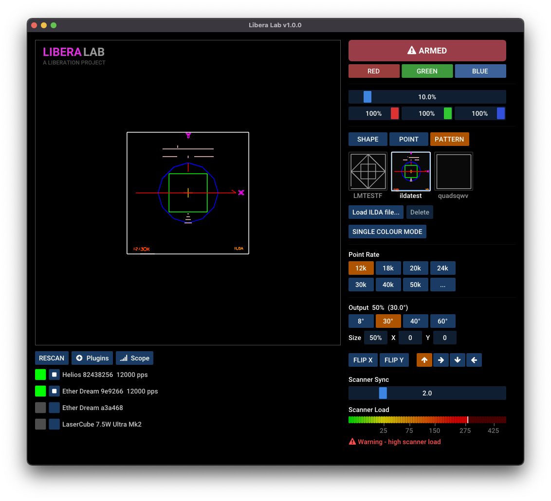 Libera Lab interface showing live laser preview, controller list, and output controls
