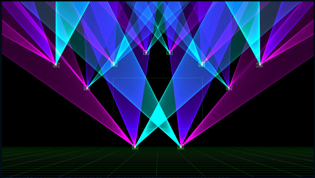 Cyan, blue and magenta laser fans previewed in Liberation’s 3D visualiser