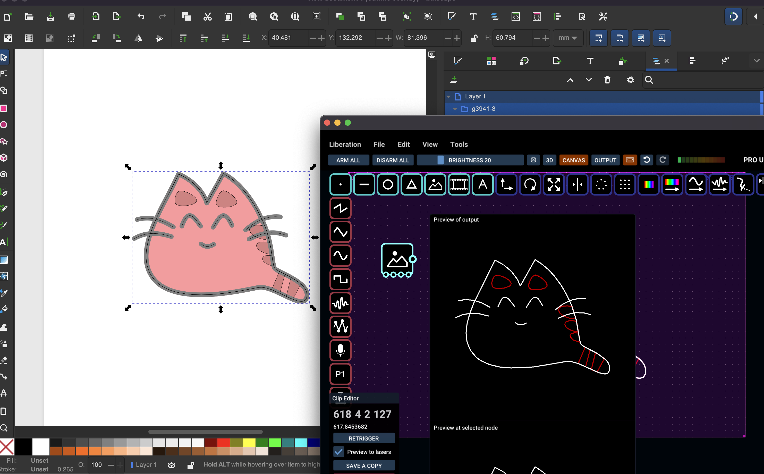Cat artwork selected in Inkscape alongside its vector outline preview in Liberation
