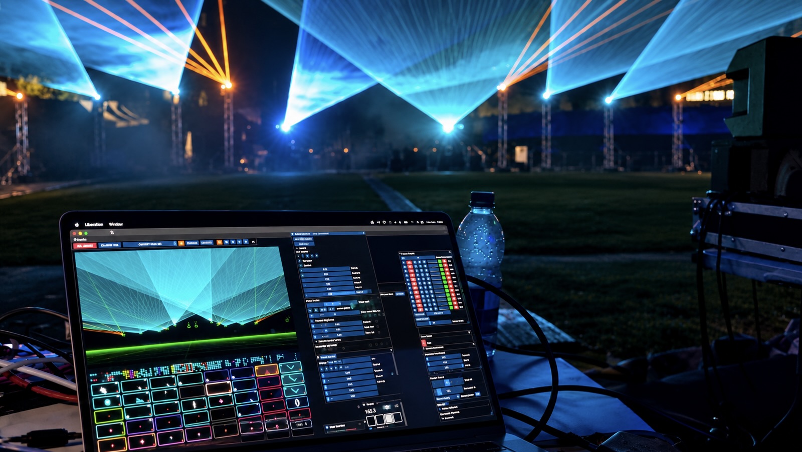 Liberation running on a laptop, with cyan and orange laser beams illuminating the venue behind it