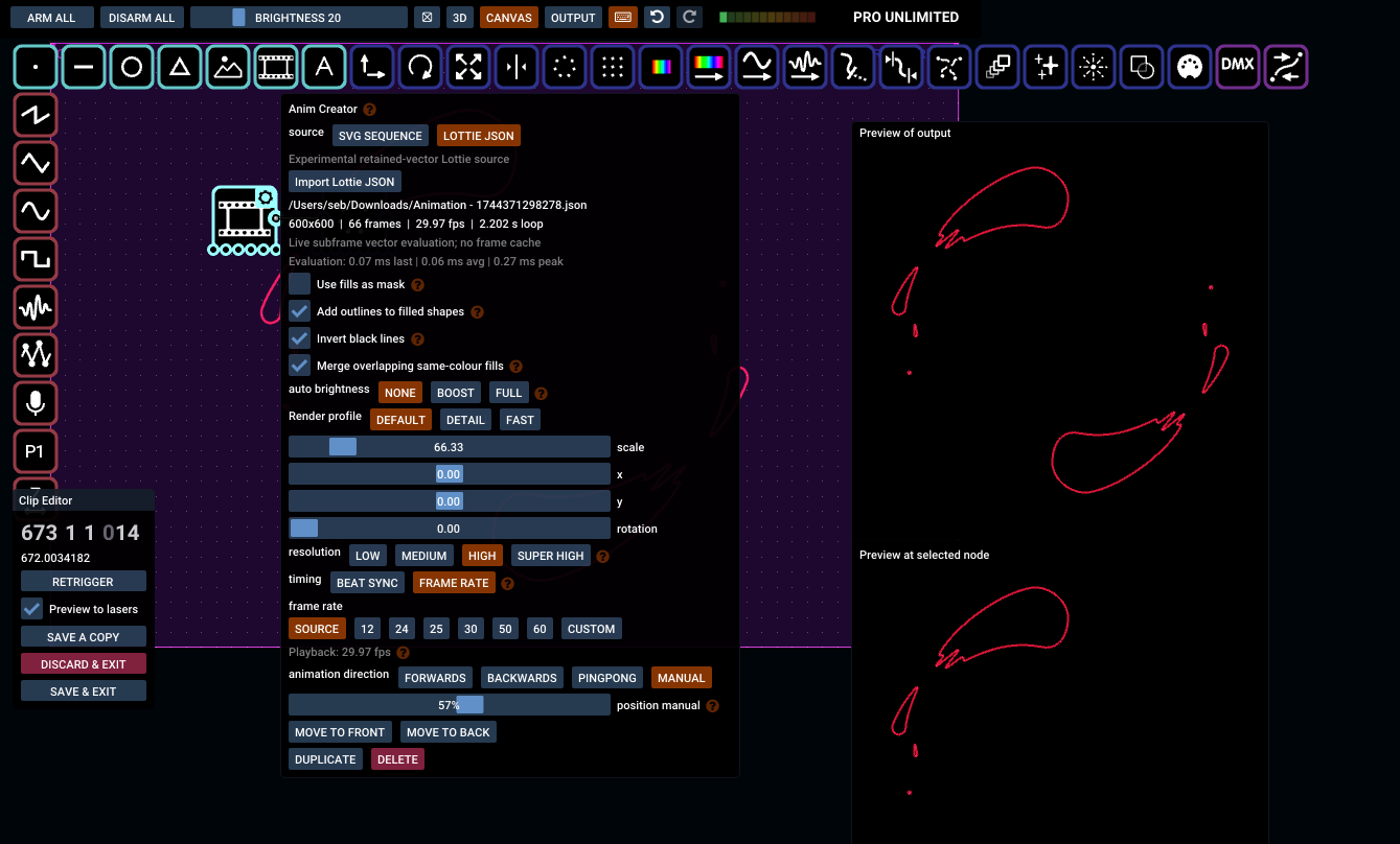 Liberation’s animation creator with a Lottie JSON source, playback controls and red vector animation previews