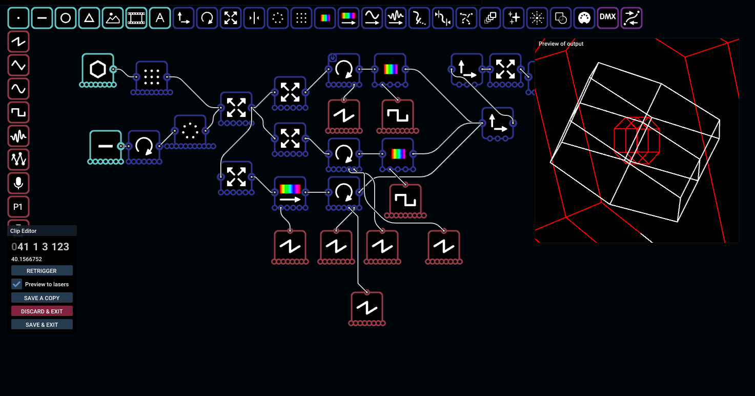 A complex Liberation node-editor patch with interconnected transformation and animation nodes and a geometric output preview