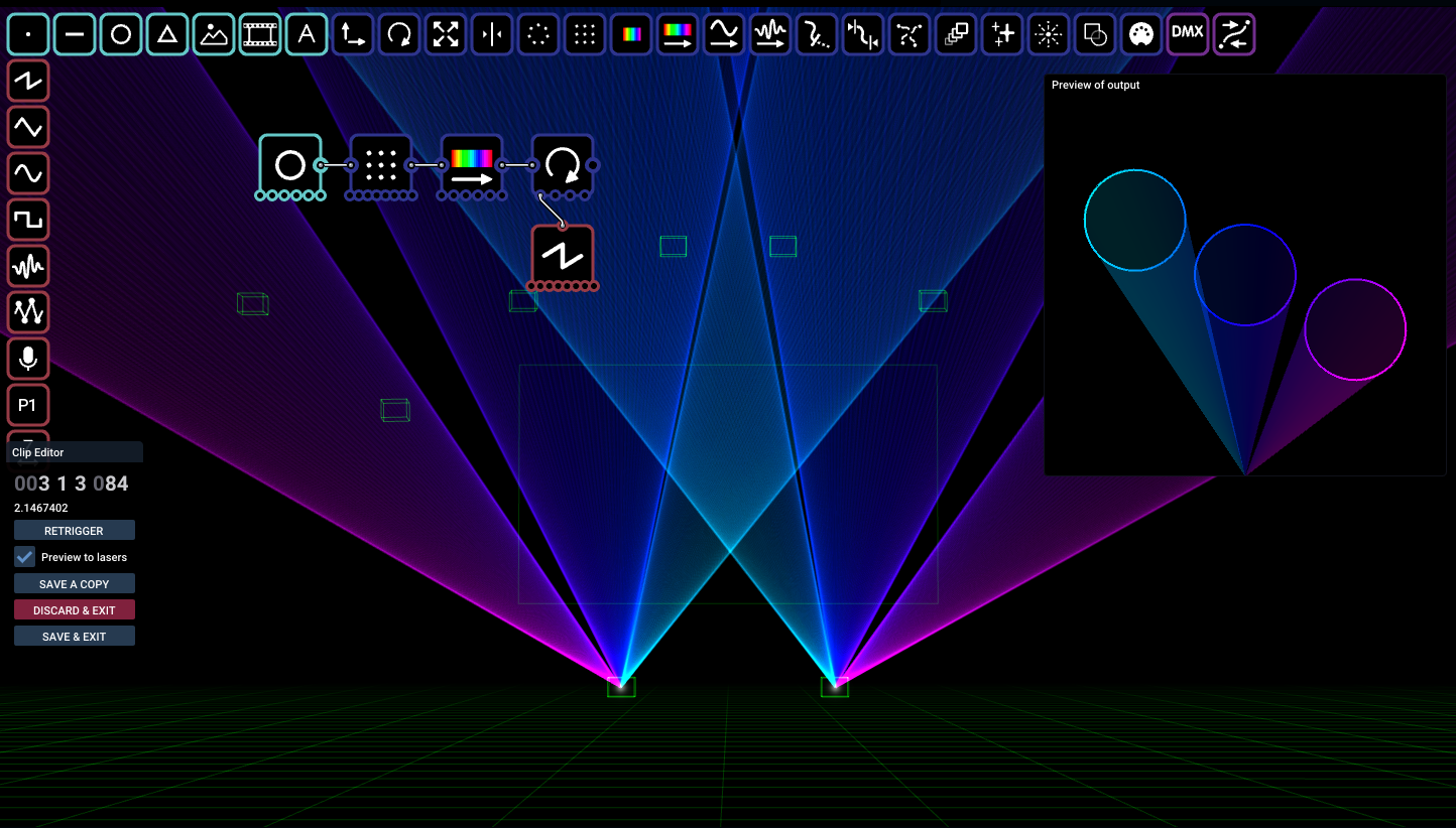 A simple Liberation node-editor patch with connected shape, colour and animation nodes alongside its laser output preview