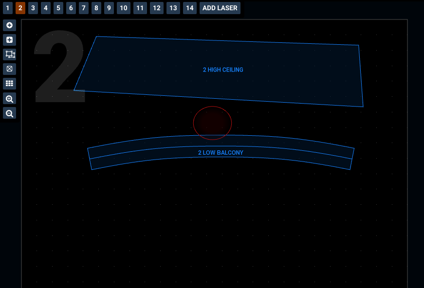 Liberation output view showing high ceiling and low balcony zones for laser 2, with a circular mask between them