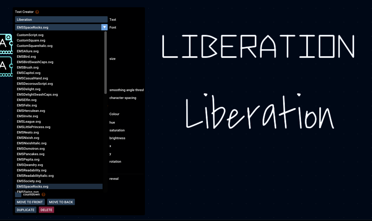 Liberation Text Creator showing the included single-stroke font menu and two laser text styles