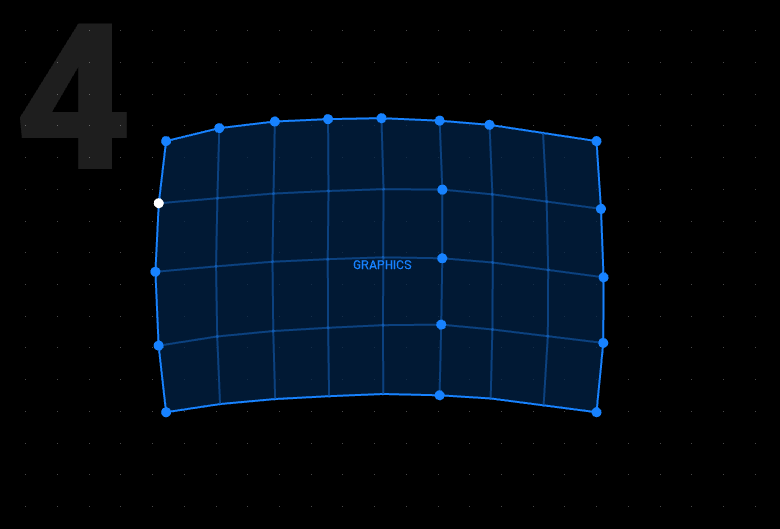 A smart segmented zone in Liberation showing a curved mapping grid, blue control points and a selected white point