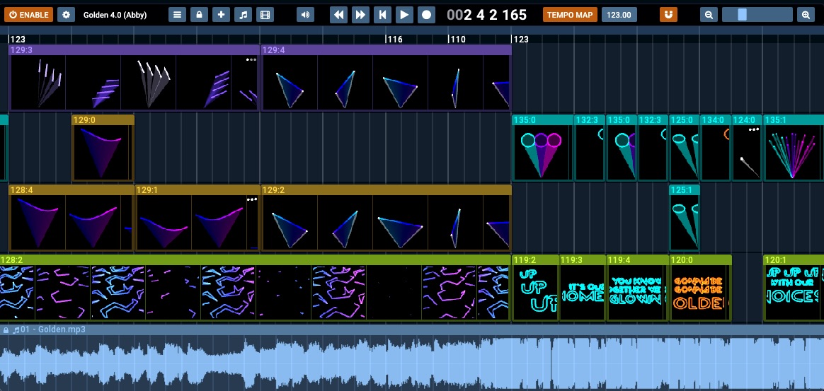 Liberation timeline showing laser clip previews across multiple tracks and an audio waveform