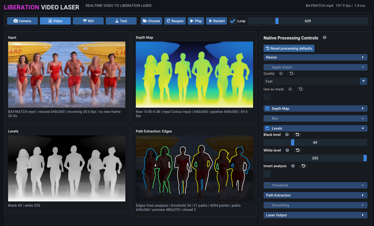 Liberation Video Laser showing video input of people running on a beach, a depth map, image levels and extracted coloured outlines